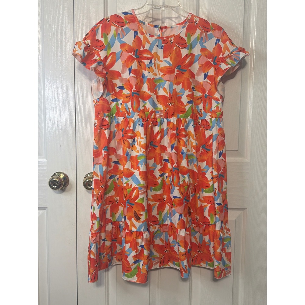 Boture Women Orange Blue Floral Ruffle Sleeve Tiered Babydoll Dress Size M